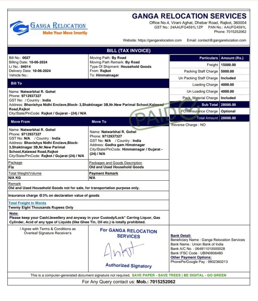 packers and movers bill for claim